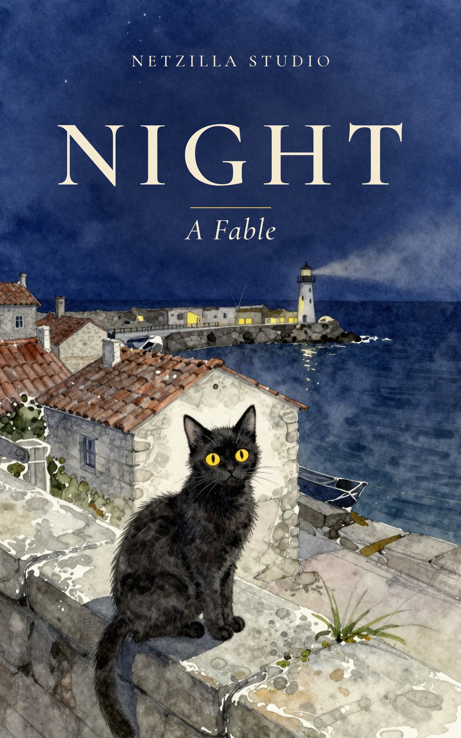 《黑夜》Night: A Fable 正式封面：金眼黑猫、夜色中的海港与灯塔